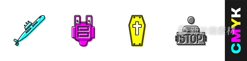 Set Submarine, Bulletproof vest, Coffin with cross and Stop war icon. Vector